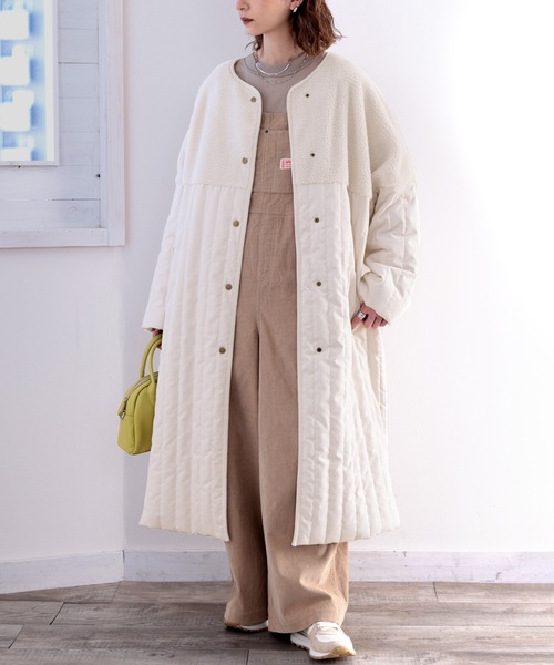 セール】Iラインですっきり見せ。ボア切り替えフェザーキルティング