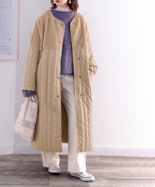 classicalelf（クラシカルエルフ）の「Iラインですっきり見せ。ボア切り替えフェザーキルティングコート（ノーカラーコート・レディース・ベージュ/グレイッシュベージュ/モカ/アイボリー・MEDIUM/LARGE/X-LARGE）」の8枚目の写真