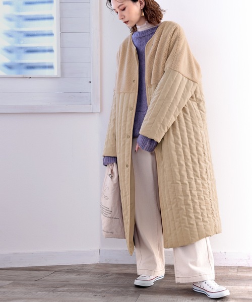 classicalelf（クラシカルエルフ）の「Iラインですっきり見せ。ボア切り替えフェザーキルティングコート（ノーカラーコート・レディース・ベージュ/グレイッシュベージュ/モカ/アイボリー・MEDIUM/LARGE/X-LARGE）」の19枚目の写真