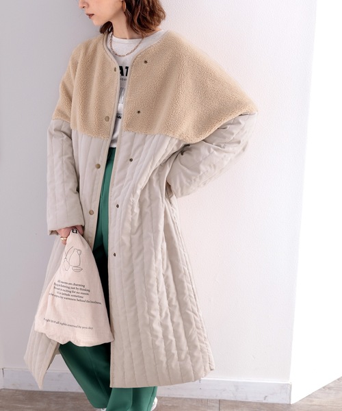 classicalelf（クラシカルエルフ）の「Iラインですっきり見せ。ボア切り替えフェザーキルティングコート（ノーカラーコート・レディース・ベージュ/グレイッシュベージュ/モカ/アイボリー・MEDIUM/LARGE/X-LARGE）」の20枚目の写真