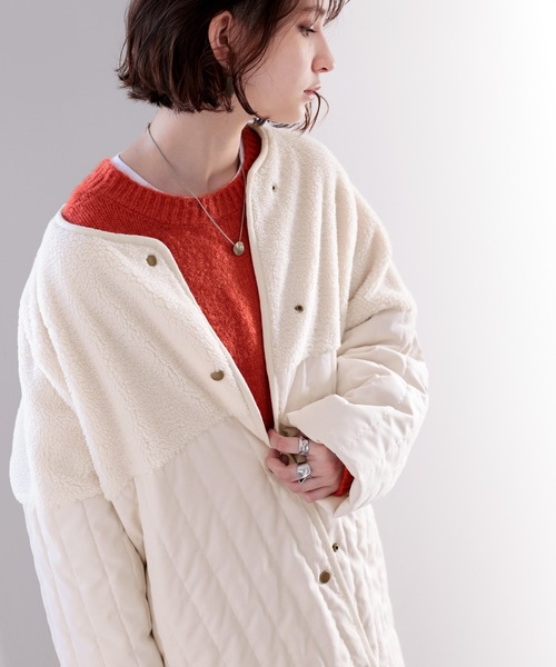 classicalelf（クラシカルエルフ）の「Iラインですっきり見せ。ボア切り替えフェザーキルティングコート（ノーカラーコート・レディース・ベージュ/グレイッシュベージュ/モカ/アイボリー・MEDIUM/LARGE/X-LARGE）」の21枚目の写真