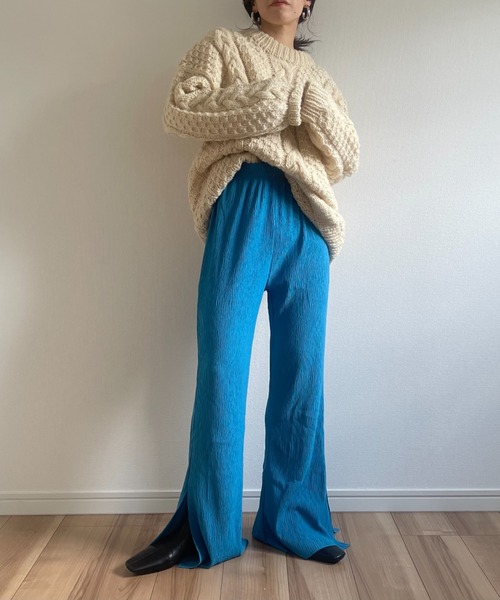 wee9s(ウィークス)の「wrinkle slit stretch pants / ウエストゴムシワ加工クリンクルスリットストレッチパンツ(その他パンツ・レディース・イエロー/ブルー・M)」の3枚目の写真
