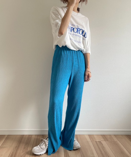 wee9s(ウィークス)の「wrinkle slit stretch pants / ウエストゴムシワ加工クリンクルスリットストレッチパンツ(その他パンツ・レディース・イエロー/ブルー・M)」の12枚目の写真