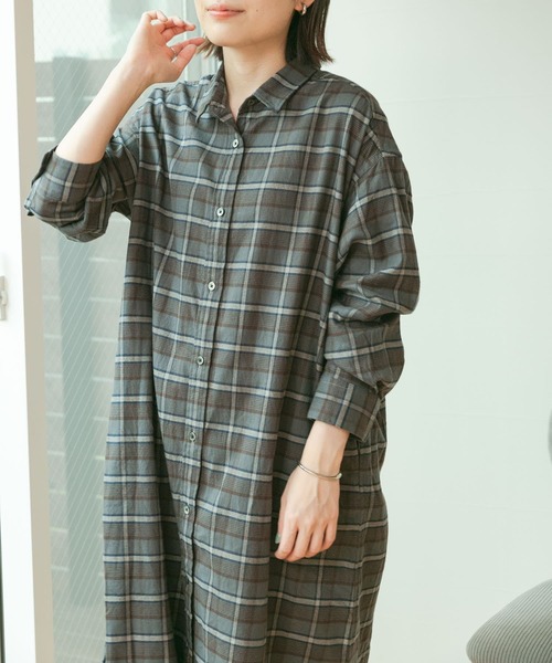 FORK&SPOON（フォークアンドスプーン）の「FORK&SPOON　レギュラーカラーネルシャツワンピース（ワンピース・レディース・チャコールグレー/グリーン系その他/ホワイト系その他・ONE）」の15枚目の写真