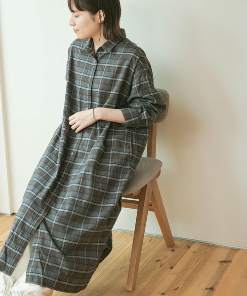 FORK&SPOON（フォークアンドスプーン）の「FORK&SPOON　レギュラーカラーネルシャツワンピース（ワンピース・レディース・チャコールグレー/グリーン系その他/ホワイト系その他・ONE）」の20枚目の写真