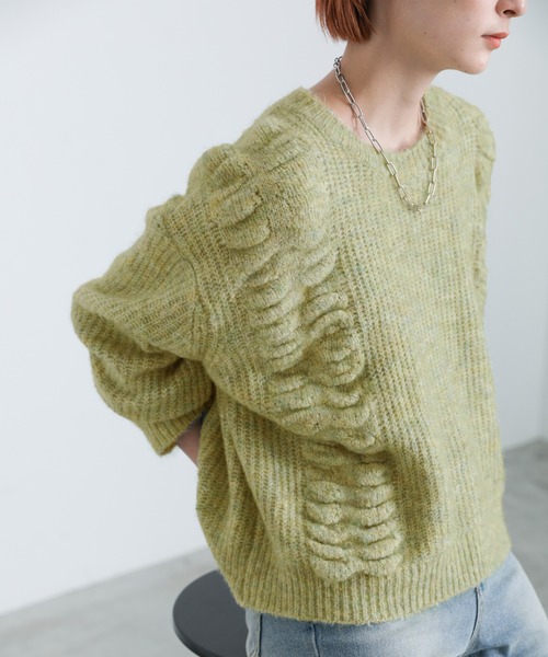 select MOCA(セレクトモカ)の「2021 AW サイドデザインミックスショートニット(ニット/セーター・レディース・イエロー/ミント・FREE)」の1枚目の写真