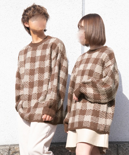 PairPair（ペアペア）の「ブロックチェック柄ニット(ユニセックス)（ニット/セーター・レディース・ブラック/ブラウン/ブルー系その他・MEDIUM/LARGE）」の2枚目の写真