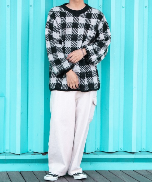 PairPair（ペアペア）の「ブロックチェック柄ニット(ユニセックス)（ニット/セーター・レディース・ブラック/ブラウン/ブルー系その他・MEDIUM/LARGE）」の18枚目の写真