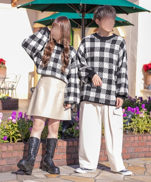 セール】ブロックチェック柄ニット(ユニセックス)（ニット/セーター