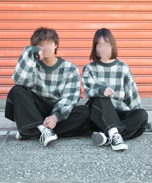 セール】ブロックチェック柄ニット(ユニセックス)（ニット/セーター