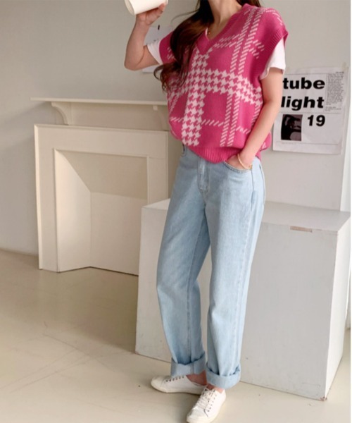 NANING9（ナンニング）の「NANING9 チェック柄Vネックオーバーサイズベスト（ベスト・レディース・ブラック/クリーム/ピンク・FREE）」の11枚目の写真