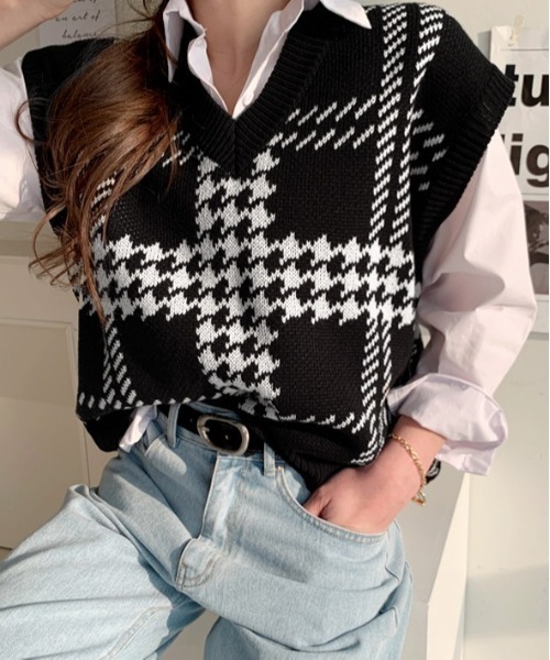 NANING9（ナンニング）の「NANING9 チェック柄Vネックオーバーサイズベスト（ベスト・レディース・ブラック/クリーム/ピンク・FREE）」の13枚目の写真