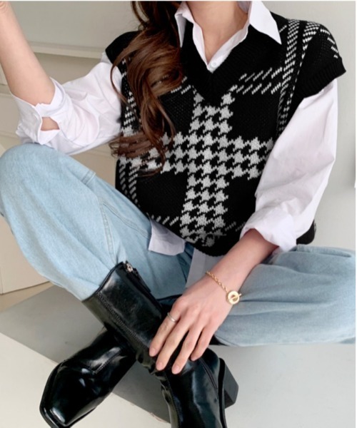 NANING9（ナンニング）の「NANING9 チェック柄Vネックオーバーサイズベスト（ベスト・レディース・ブラック/クリーム/ピンク・FREE）」の15枚目の写真