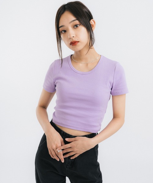 Ressaca(レサーカ)の「ショート丈 バックオープン クロップド半袖リブTシャツ(Tシャツ/カットソー・レディース・ホワイト/ブラック/パープル/ブラウン/グレー/ブルー/グリーン・S/M)」の1枚目の写真