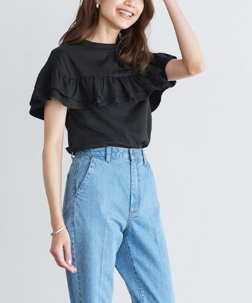 Pierrot(ピエロ)の「ラッフルTシャツ(Tシャツ/カットソー・レディース・ブラック/オフホワイト/ブルー/テラコッタ・M/L)」の3枚目の写真