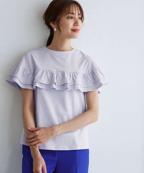 Pierrot(ピエロ)の「ラッフルTシャツ(Tシャツ/カットソー・レディース・ブラック/オフホワイト/ブルー/テラコッタ・M/L)」の5枚目の写真