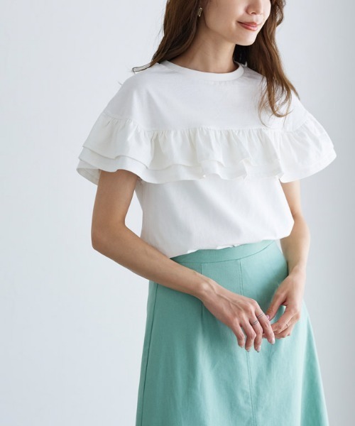 Pierrot(ピエロ)の「ラッフルTシャツ(Tシャツ/カットソー・レディース・ブラック/オフホワイト/ブルー/テラコッタ・M/L)」の10枚目の写真