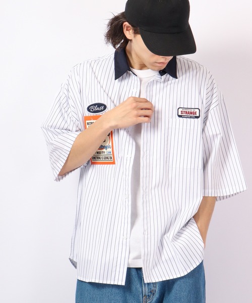 Limited Line Naive Magic（リミテッドラインナイーブマジック）の「レトロワ－ク ストライプ ワッペン刺繍 クレリック オーバーシャツ（シャツ/ブラウス・メンズ・ホワイト/ブルー/グリーン/マルチ・M/L）」の2枚目の写真