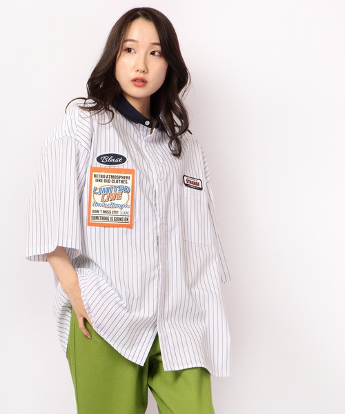 Limited Line Naive Magic（リミテッドラインナイーブマジック）の「レトロワ－ク ストライプ ワッペン刺繍 クレリック オーバーシャツ（シャツ/ブラウス・メンズ・ホワイト/ブルー/グリーン/マルチ・M/L）」の10枚目の写真