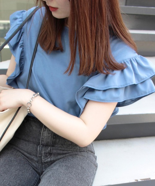 MLI'A（エムリア）の「袖異素材フリルトップス（Tシャツ/カットソー・レディース・オフホワイト/ブラック/ブルー・M）」の3枚目の写真