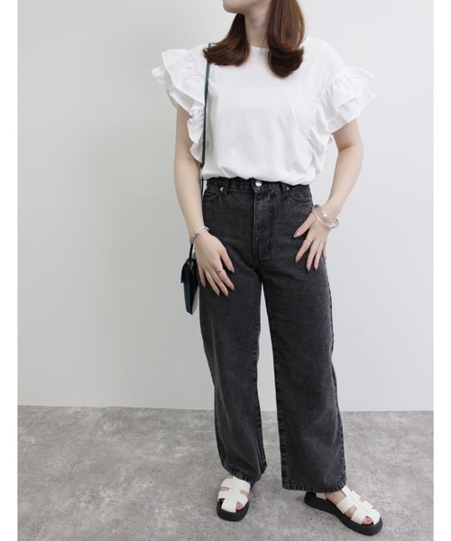 MLI'A（エムリア）の「袖異素材フリルトップス（Tシャツ/カットソー・レディース・オフホワイト/ブラック/ブルー・M）」の6枚目の写真