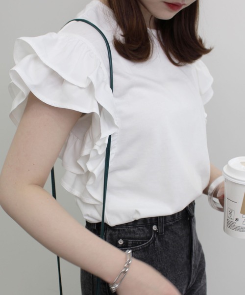 MLI'A（エムリア）の「袖異素材フリルトップス（Tシャツ/カットソー・レディース・オフホワイト/ブラック/ブルー・M）」の8枚目の写真