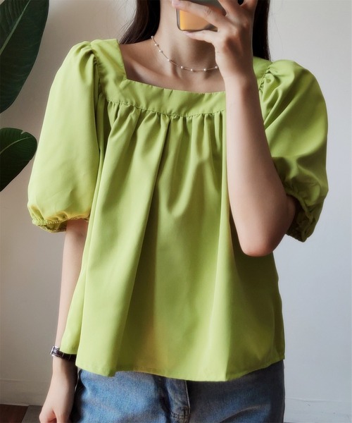 MAISON DE THERESE（メゾン ド テレーズ）の「パワースリーブ　スクエアネックトップス（Tシャツ/カットソー・レディース・オレンジ/グリーン・M）」の4枚目の写真