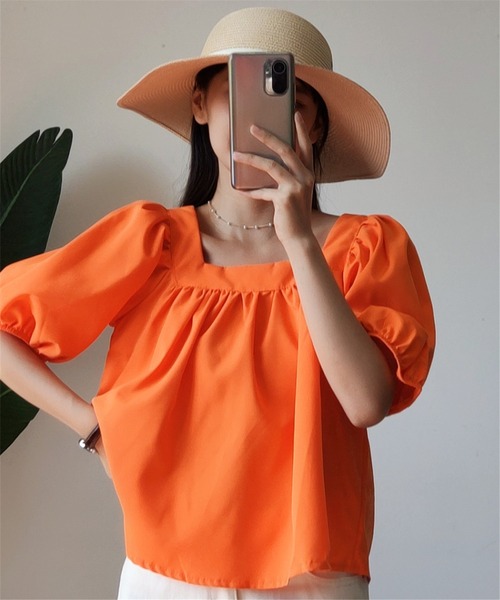 MAISON DE THERESE（メゾン ド テレーズ）の「パワースリーブ　スクエアネックトップス（Tシャツ/カットソー・レディース・オレンジ/グリーン・M）」の6枚目の写真