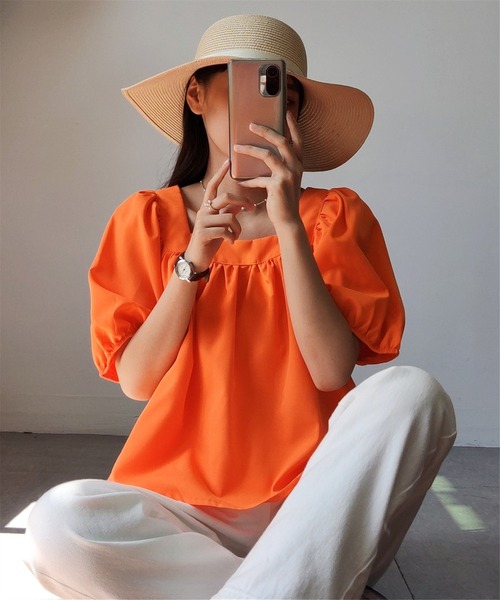 MAISON DE THERESE（メゾン ド テレーズ）の「パワースリーブ　スクエアネックトップス（Tシャツ/カットソー・レディース・オレンジ/グリーン・M）」の9枚目の写真