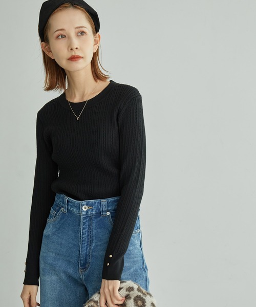 ROPE' PICNIC（ロペピクニック）の「ミニケーブルニットプルオーバー（ニット/セーター・レディース・ブラック/ベージュ系その他/ダークグリーン/マスタード・38）」の2枚目の写真