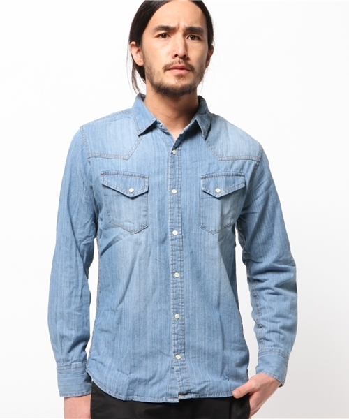 GIORDANO（ジョルダーノ）の「[GIORDANO]デニムシャツ（シャツ/ブラウス・メンズ・インディゴブルー/ダークインディゴブルー/ライトインディゴブルー・MEDIUM/LARGE）」の2枚目の写真