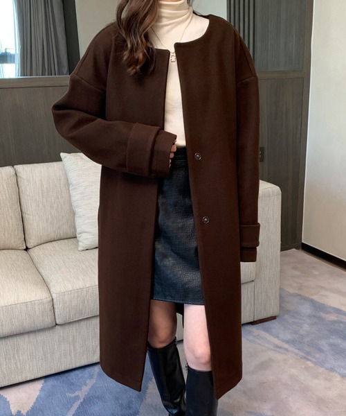 ABITOKYO（アビトーキョー）の「ノーカラーロングコート（ノーカラーコート・レディース・ブラック/ダークブラウン/ベージュ/キャメル/ネイビー/カーキ・FREE）」の9枚目の写真