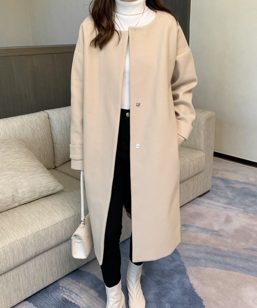 ABITOKYO（アビトーキョー）の「ノーカラーロングコート（ノーカラーコート・レディース・ブラック/ダークブラウン/ベージュ/キャメル/ネイビー/カーキ・FREE）」の17枚目の写真