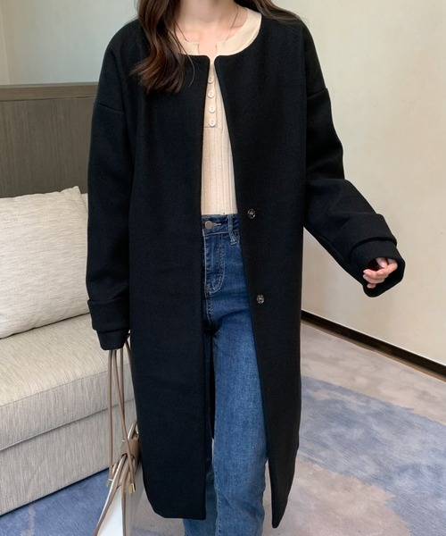 ABITOKYO（アビトーキョー）の「ノーカラーロングコート（ノーカラーコート・レディース・ブラック/ダークブラウン/ベージュ/キャメル/ネイビー/カーキ・FREE）」の22枚目の写真