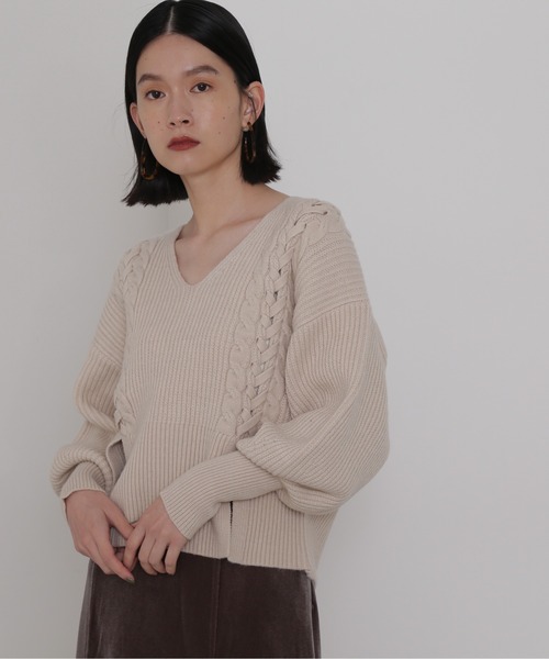 NATURAL BEAUTY BASIC（ナチュラルビューティーベーシック）の「編み上げニットトップス（ニット/セーター・レディース・グレー/ベージュ/オレンジ・MEDIUM）」の3枚目の写真