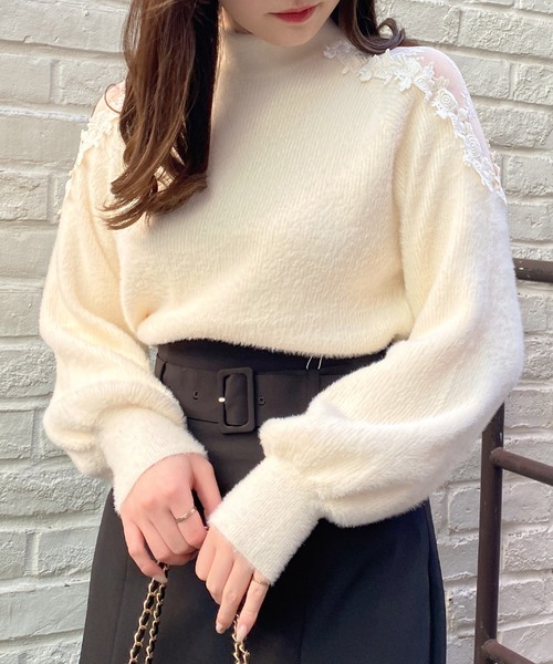 INGNI（イング）の「フェザーヤーン肩開きデザインレースニット（ニット/セーター・レディース・ベージュ/ブラック/ピンク/アイボリー・M）」の19枚目の写真