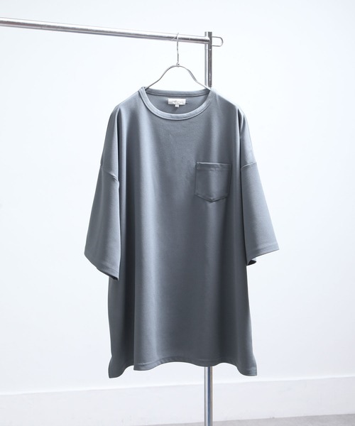ブルーオーバーサイズシャツ ポケット付き 綿100％オーバーサイズ脇ポケット付Tシャツ【大きいサイズ有