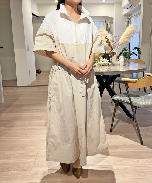 Jewelobe(ジュエローブ)の「ハーフジップバイカラーシャカシャカワンピース(ワンピース・レディース・カーキ/ブラック/ピンク/ベージュ/マスタード・FREE)」の6枚目の写真