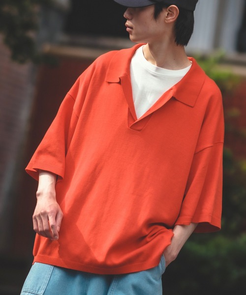 NULL（ヌル）の「【NULL】ニット素材 半袖 スキッパーポロシャツ（ポロシャツ・メンズ・ホワイト/ブラック/レッド/ブルーグレー・MEDIUM/LARGE）」の4枚目の写真