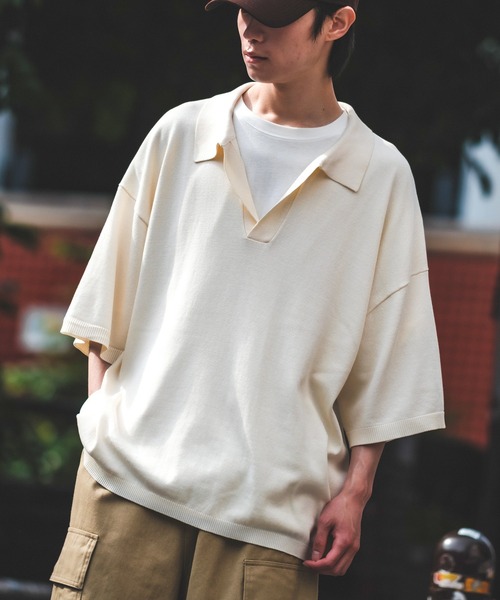 NULL（ヌル）の「【NULL】ニット素材 半袖 スキッパーポロシャツ（ポロシャツ・メンズ・ホワイト/ブラック/レッド/ブルーグレー・MEDIUM/LARGE）」の2枚目の写真