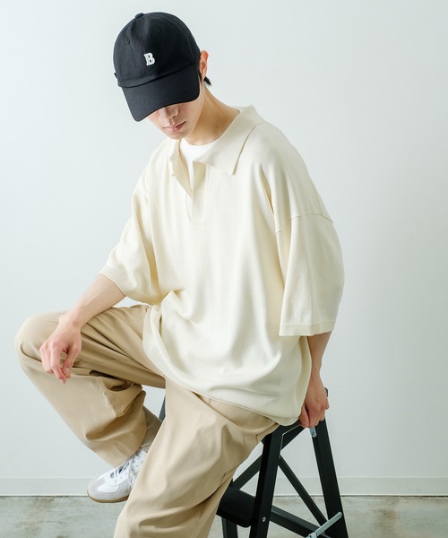 NULL（ヌル）の「【NULL】ニット素材 半袖 スキッパーポロシャツ（ポロシャツ・メンズ・ホワイト/ブラック/レッド/ブルーグレー・MEDIUM/LARGE）」の11枚目の写真