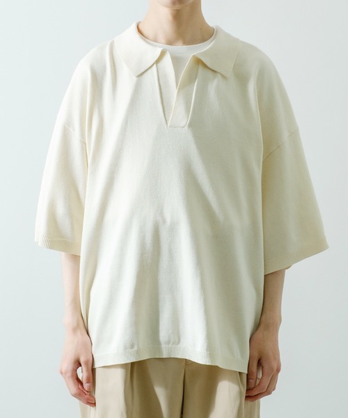 NULL（ヌル）の「【NULL】ニット素材 半袖 スキッパーポロシャツ（ポロシャツ・メンズ・ホワイト/ブラック/レッド/ブルーグレー・MEDIUM/LARGE）」の8枚目の写真