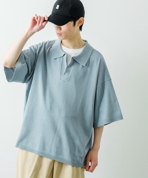 NULL（ヌル）の「【NULL】ニット素材 半袖 スキッパーポロシャツ（ポロシャツ・メンズ・ホワイト/ブラック/レッド/ブルーグレー・MEDIUM/LARGE）」の12枚目の写真