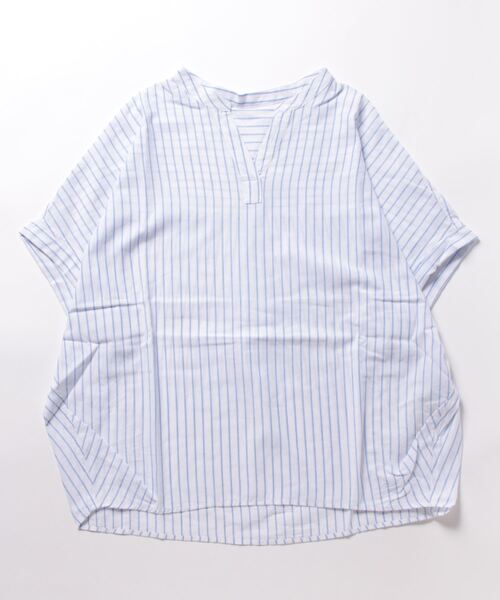 MARBLE WALTS(マーブルワルツ)の「マーブルワルツ/MARBLE WALTS リネン混ストライプ柄 半袖シャツチュニック(Tシャツ/カットソー・レディース・ホワイト/ブルー・MEDIUM/LARGE)」の4枚目の写真