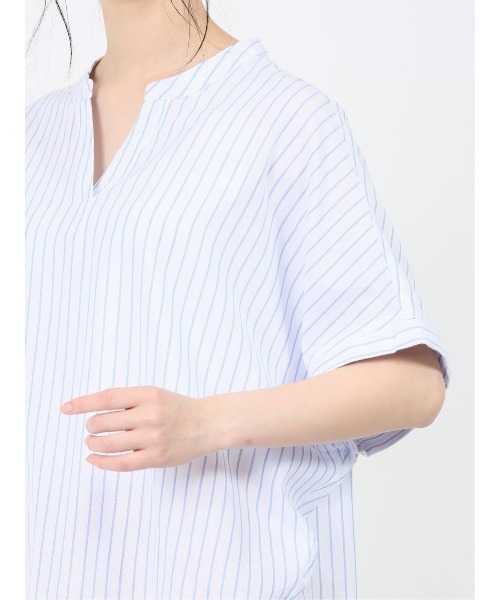 MARBLE WALTS(マーブルワルツ)の「マーブルワルツ/MARBLE WALTS リネン混ストライプ柄 半袖シャツチュニック(Tシャツ/カットソー・レディース・ホワイト/ブルー・MEDIUM/LARGE)」の9枚目の写真