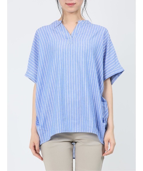 MARBLE WALTS(マーブルワルツ)の「マーブルワルツ/MARBLE WALTS リネン混ストライプ柄 半袖シャツチュニック(Tシャツ/カットソー・レディース・ホワイト/ブルー・MEDIUM/LARGE)」の15枚目の写真