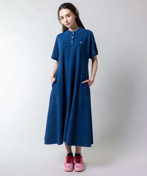 ラコステ インディゴ鹿の子地ポロドレスワンピース ウエストベルト L LACOSTE ラコステ インディゴ 鹿の子地 ポロドレス EF815EL