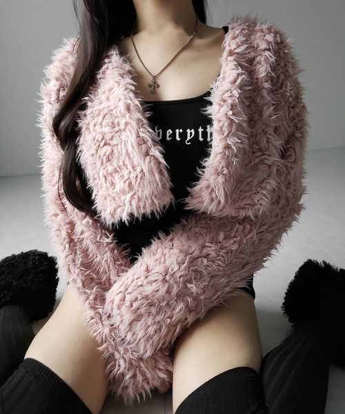me+em select（ミームセレクト）の「※※【 ３color 】ロングシャギーボアショートボリュームカーディガン（カーディガン/ボレロ・レディース・ブラック/ピンク/アイボリー・FREE）」の2枚目の写真