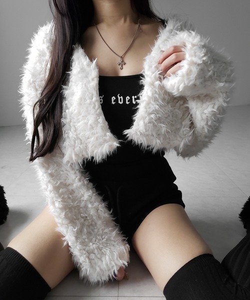 me+em select（ミームセレクト）の「※※【 ３color 】ロングシャギーボアショートボリュームカーディガン（カーディガン/ボレロ・レディース・ブラック/ピンク/アイボリー・FREE）」の11枚目の写真