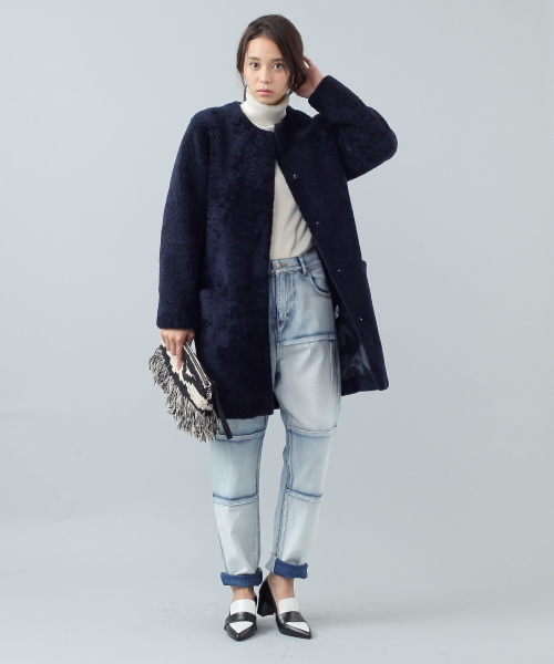 ELFORBR（エルフォーブル）の「オーストラリアムートンコクーンコート（ムートンコート・レディース・ネイビー/キャメル・38）」の7枚目の写真